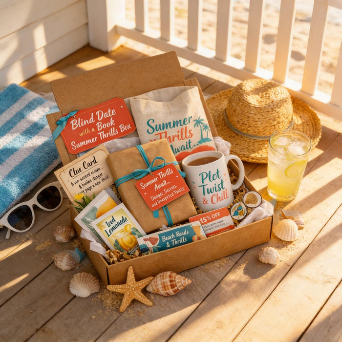 A box filled with various summer-themed items, including a book, a mug, a puzzle, and other beach-related objects, along with a sign that says "Summer Thrills Edition".