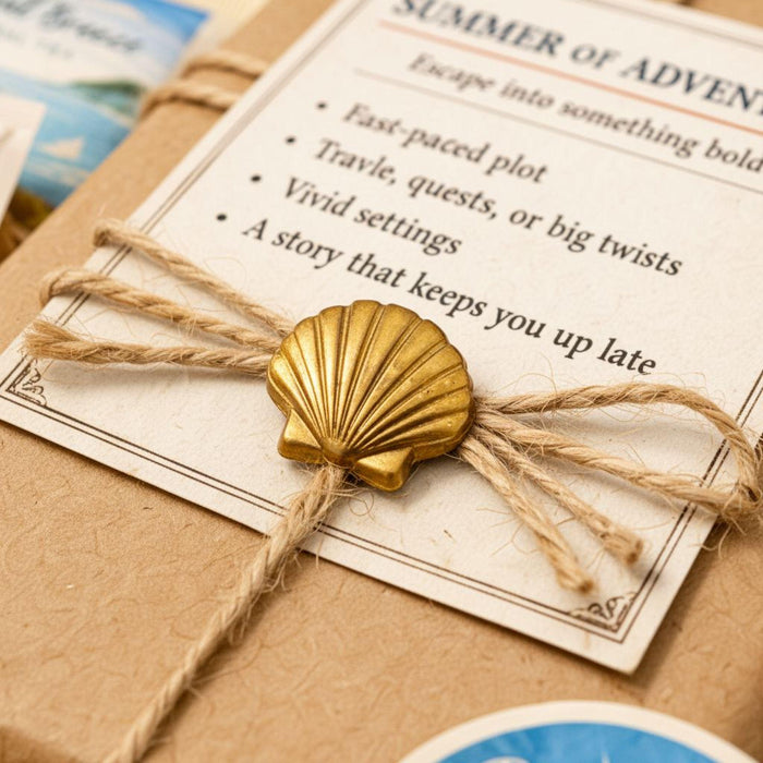 The image is a gift box containing various items related to summer activities, including a book, cookies, sunglasses, and other beach-themed items.