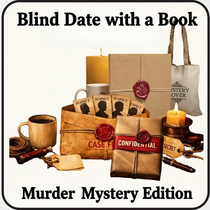 The image is a collage of various items related to a mystery, including a book, a mug, a candle, a bag, and other objects, all arranged in a visually engaging manner.