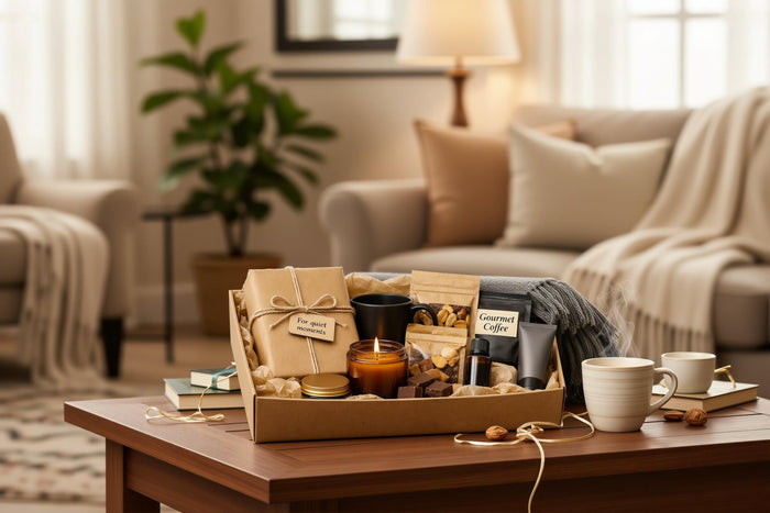 a Father's Day gift set, including a book, a candle, a coffee cup, a blanket, and other items arranged on a table.