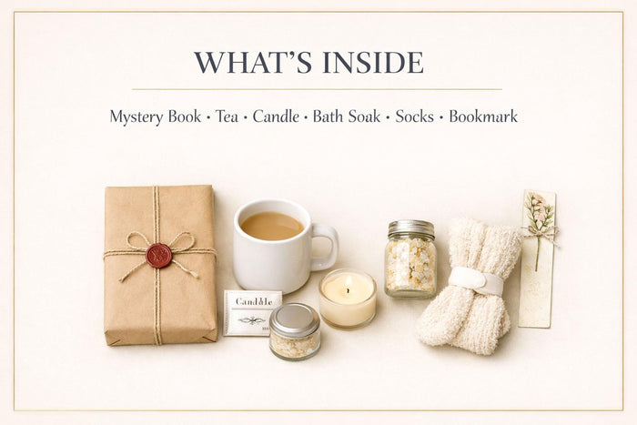 a set of self-care items, including a wrapped package, a candle, a mug, and a pair of gloves, arranged on a white background.