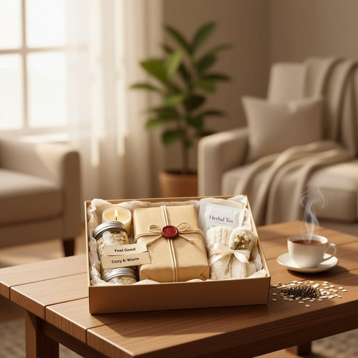 a set of self-care items, including a wrapped package, a candle, a mug, and a pair of gloves, arranged on a white background.
