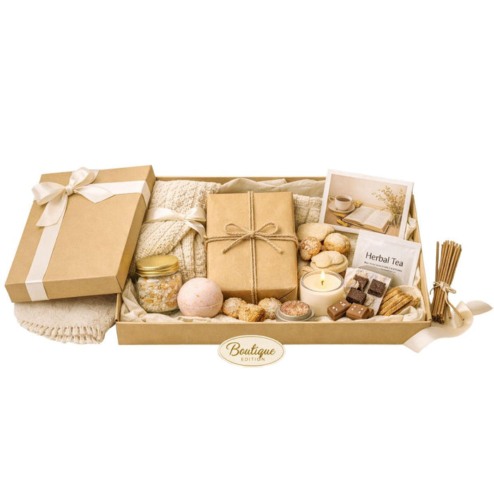 a set of self-care items, including a wrapped package, a candle, a mug, and a pair of gloves, arranged on a white background.