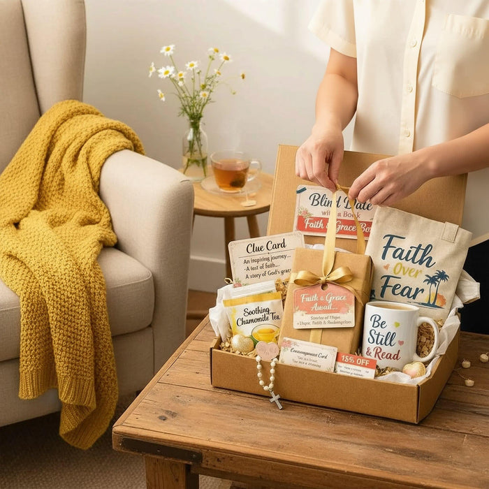 A gift box containing various items related to faith and grace, including a book, a mug, a card, and other small items.