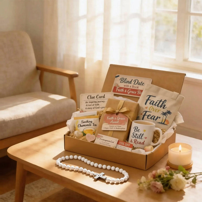 A gift box containing various items related to faith and grace, including a book, a mug, a card, and other small items.