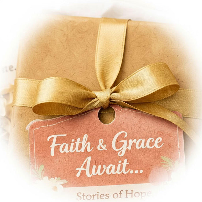 A gift box containing various items related to faith and grace, including a book, a mug, a card, and other small items.