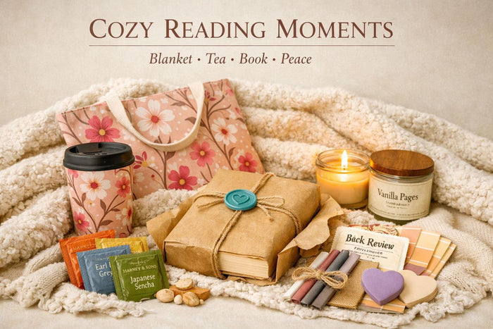 A box containing various items, including a book, snacks, candles, and other miscellaneous items, all wrapped in brown paper and tied with twine.