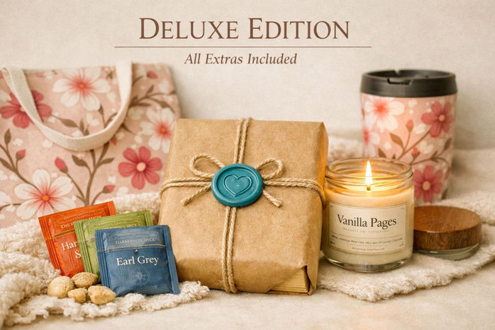 A box containing various items, including a book, snacks, candles, and other miscellaneous items, all wrapped in brown paper and tied with twine.