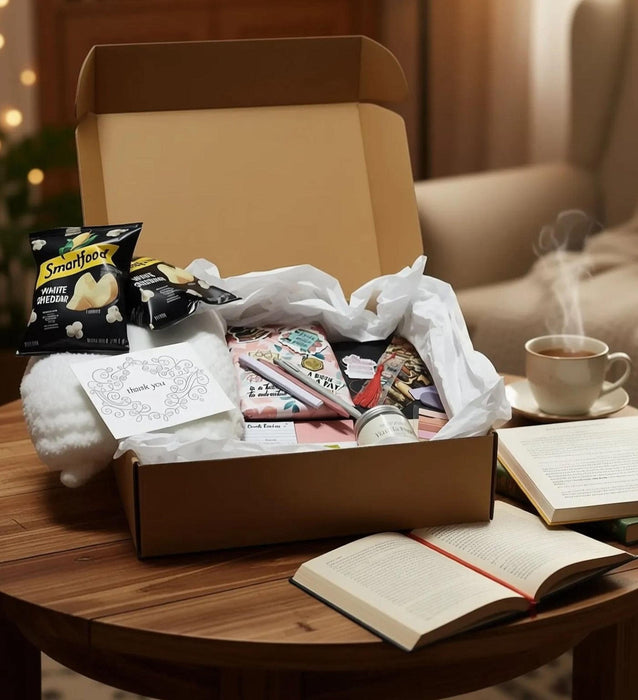 A box containing various items, including a book, snacks, candles, and other miscellaneous items, all wrapped in brown paper and tied with twine.
