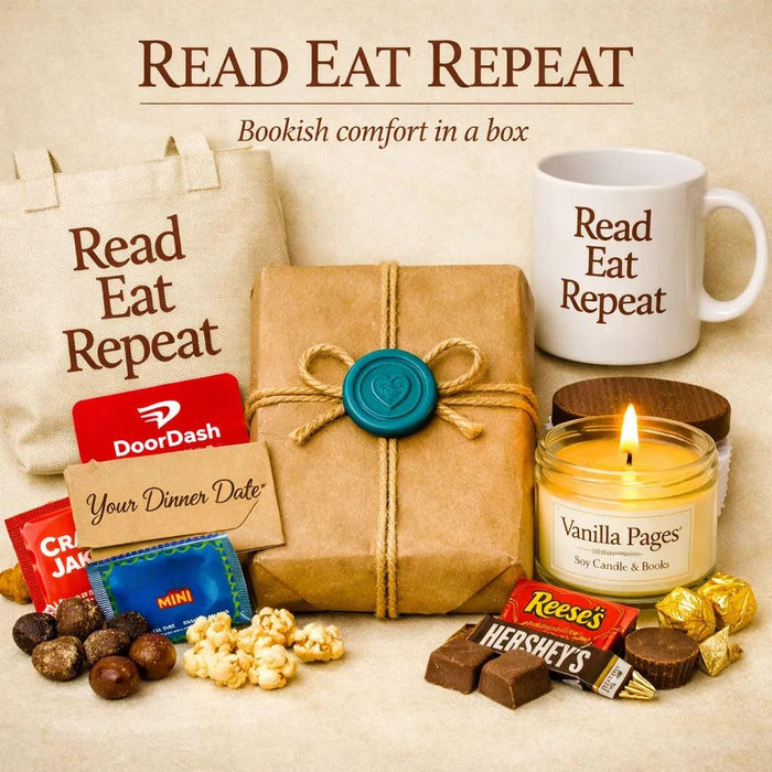 The image is a collection of various items, including a book, a tote bag, a gift box, a candle, popcorn, chocolate, and other snacks, arranged on a white background. The text "Blind Date with a Book" and "DoorDash Night In" are visible, suggesting this is an advertisement or promotional material for a book-related event or activity.