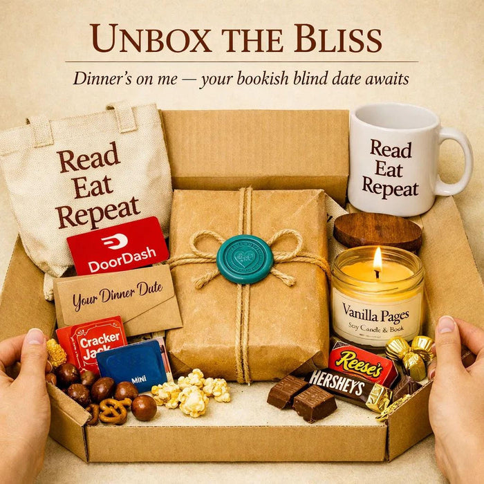 The image is a collection of various items, including a book, a tote bag, a gift box, a candle, popcorn, chocolate, and other snacks, arranged on a white background. The text "Blind Date with a Book" and "DoorDash Night In" are visible, suggesting this is an advertisement or promotional material for a book-related event or activity.