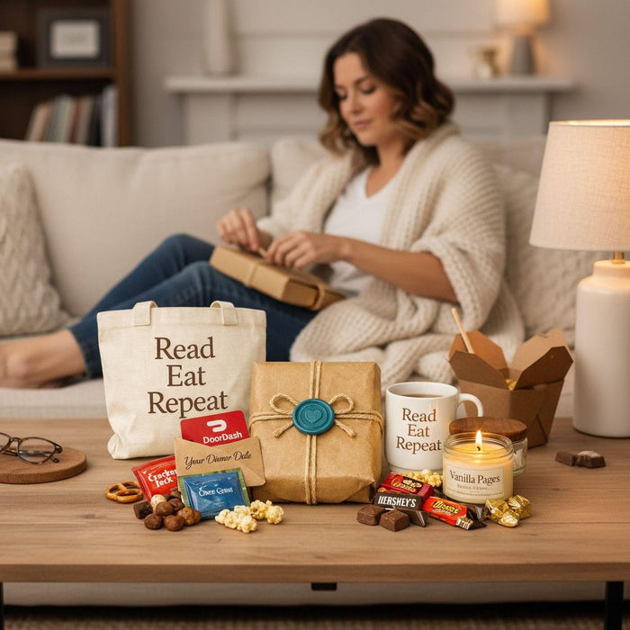 The image is a collection of various items, including a book, a tote bag, a gift box, a candle, popcorn, chocolate, and other snacks, arranged on a white background. The text "Blind Date with a Book" and "DoorDash Night In" are visible, suggesting this is an advertisement or promotional material for a book-related event or activity.