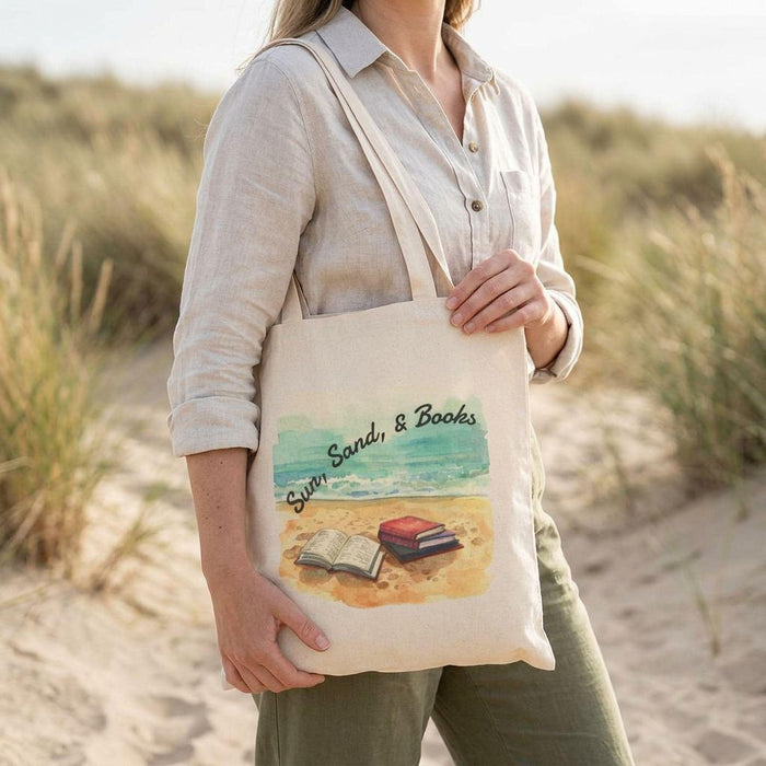 Sun, Sand, & Books Tote Bag  •  Cotton Canvas Book Lover Beach Bag • Reusable Heavy Duty  Reading Tote  •  Gift for Readers