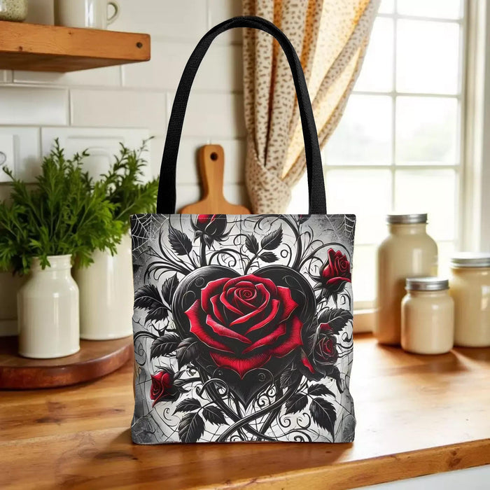 Gothic Floral Tote Bag, Heart & Roses Design (Multiple Sizes) Shopping Book Bag