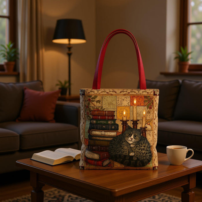 Vintage Reading Cat Tote Bag – Books & Cat Tote, Book Lover Gift, Literary Aesthetic Tote, Cute Cat Tote for Readers