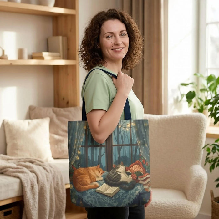 Cozy Cats Reading Tote Bag | Cats and Books All Over Print | Bookish Cat Lover Gift for Her | Cat Mom BookTok | Book Lover Cat Lady Gift