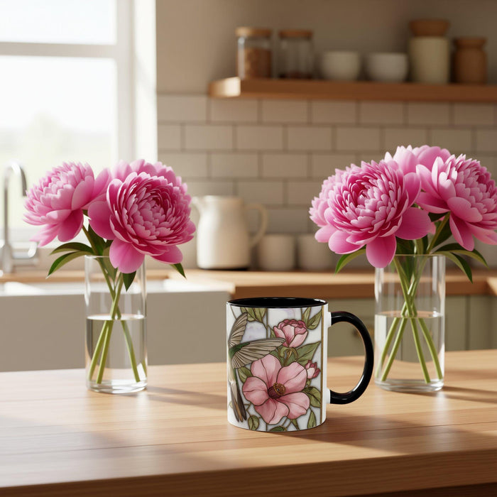 Hummingbird Pink Peonies Coffee Mug • Floral Botanical Mug • Aesthetic Nature Lover Gift • Stained Glass Design
