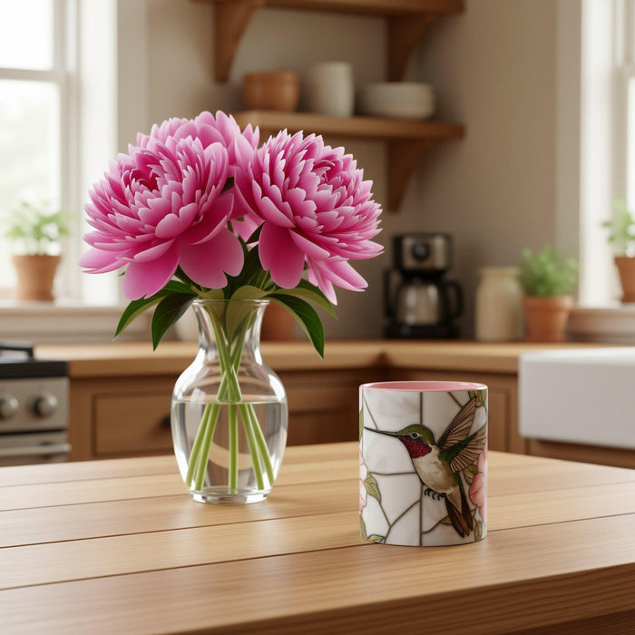 Hummingbird Pink Peonies Coffee Mug • Floral Botanical Mug • Aesthetic Nature Lover Gift • Stained Glass Design