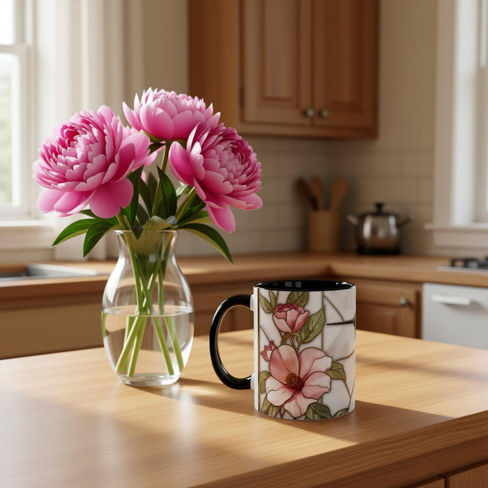 Hummingbird Pink Peonies Coffee Mug • Floral Botanical Mug • Aesthetic Nature Lover Gift • Stained Glass Design
