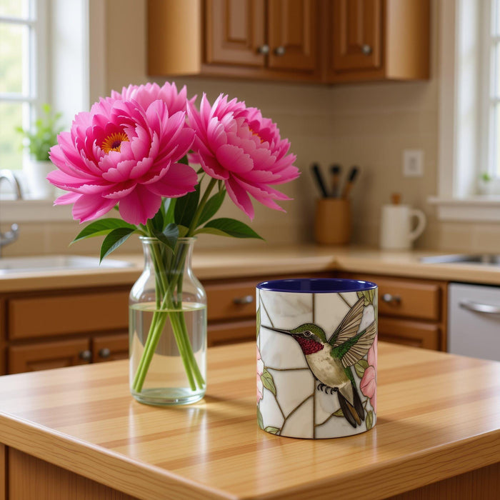 Hummingbird Pink Peonies Coffee Mug • Floral Botanical Mug • Aesthetic Nature Lover Gift • Stained Glass Design