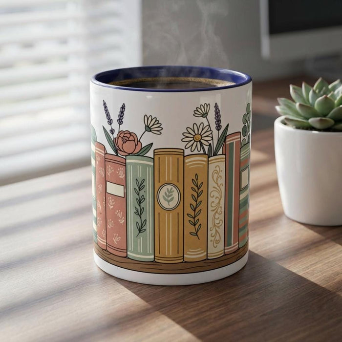 Floral Vintage Bookstack Mug • Literary Coffee Cup • Cottagecore Book Lover Gift