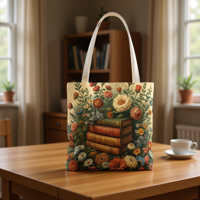 Floral Bookstack Tote Bag • Spring Literary Shopping Carryall Bag