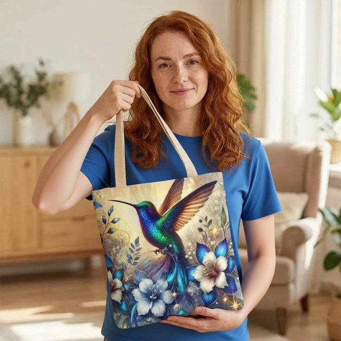 Hummingbird Floral Tote Bag • Vibrant Blue Bird & Blossoms Shopping Carryall Bag • Nature Lover Gift