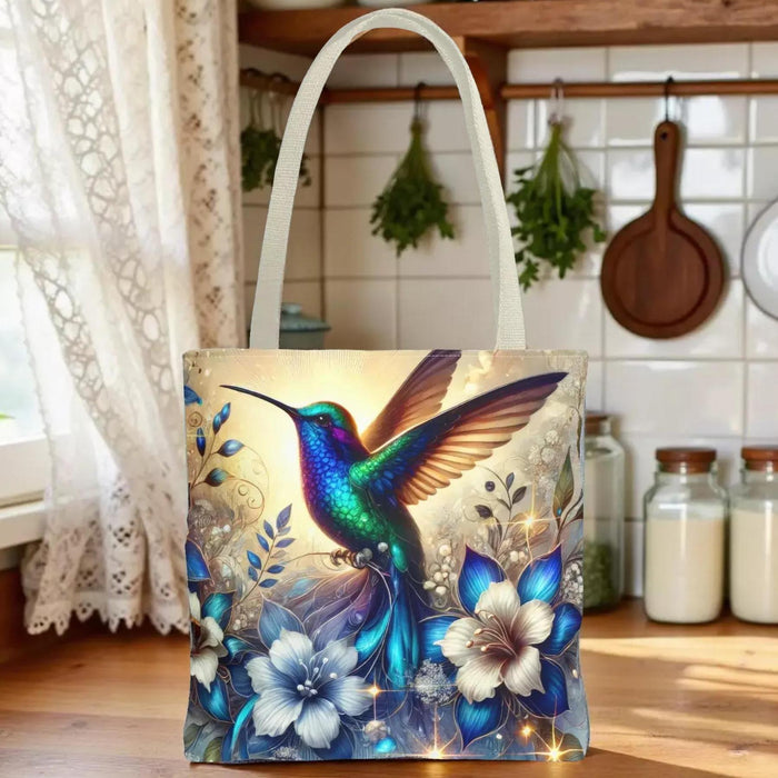 Hummingbird Floral Tote Bag • Vibrant Blue Bird & Blossoms Shopping Carryall Bag • Nature Lover Gift
