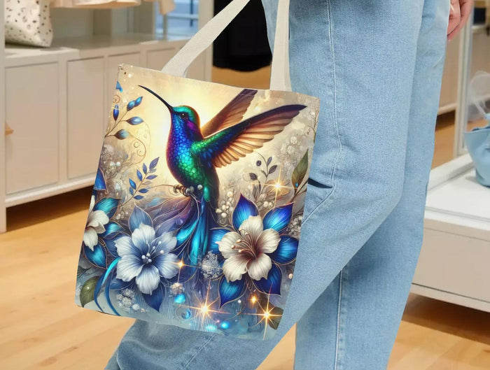 Hummingbird Floral Tote Bag • Vibrant Blue Bird & Blossoms Shopping Carryall Bag • Nature Lover Gift