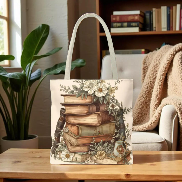 Vintage Stack of Books Floral Bag — Book Lover Shopping Carryall Tote