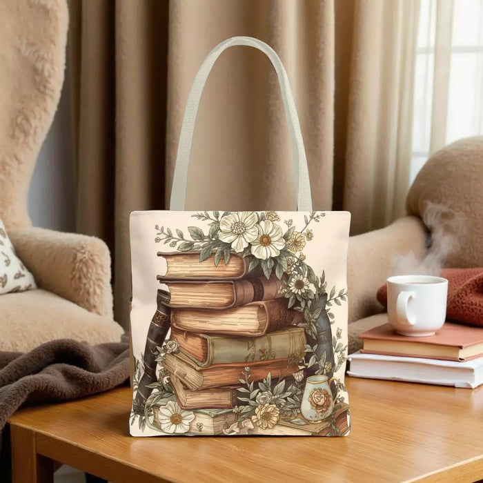 Vintage Stack of Books Floral Bag — Book Lover Shopping Carryall Tote