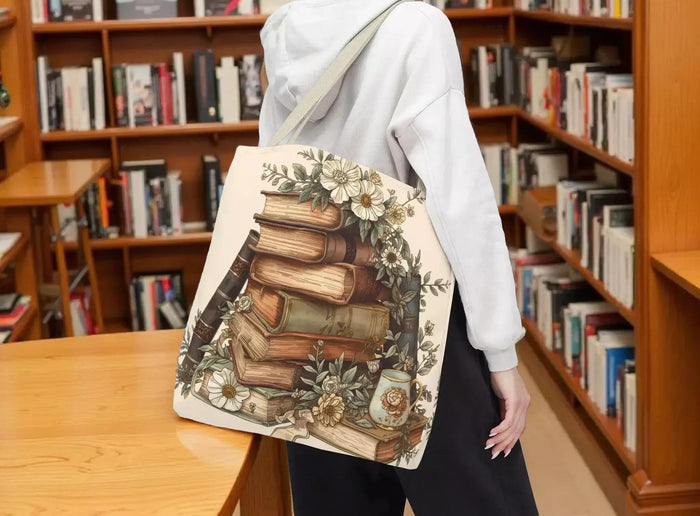 Vintage Stack of Books Floral Bag — Book Lover Shopping Carryall Tote