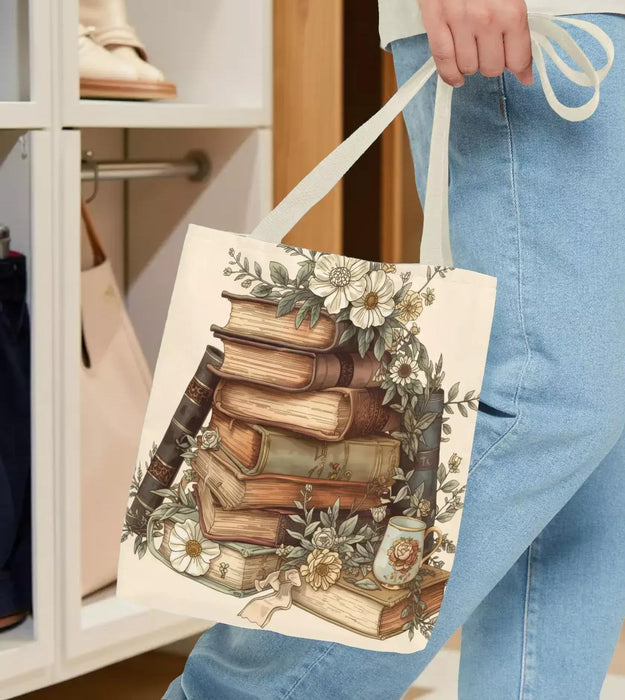 Vintage Stack of Books Floral Bag — Book Lover Shopping Carryall Tote