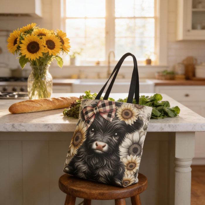 Highland Cow Floral Tote – Calf with Plaid Bow - Shopping Book Bag