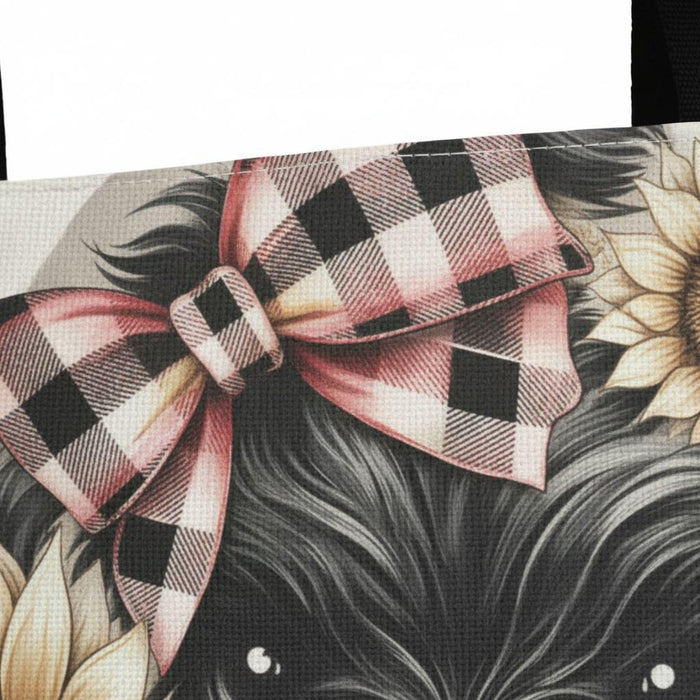 Highland Cow Floral Tote – Calf with Plaid Bow - Shopping Book Bag