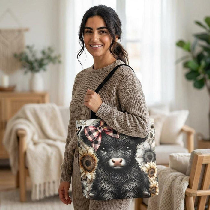 Highland Cow Floral Tote – Calf with Plaid Bow - Shopping Book Bag