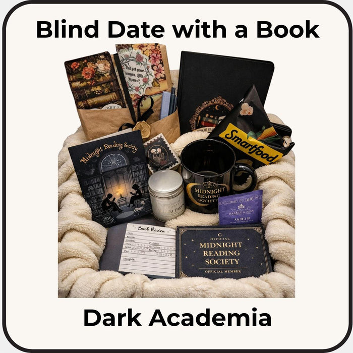 various items related to the "Dark Academia" theme, including a book, a mug, a candle, and other miscellaneous objects.