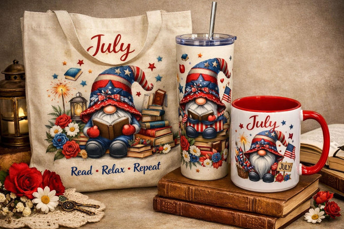 a set of personalized July-themed items, including a tote bag, a tumbler, and a mug, all decorated with illustrations of gnomes and patriotic symbols.