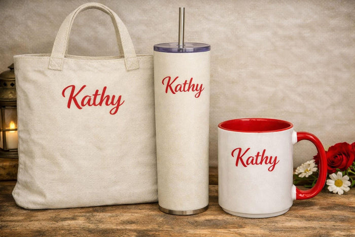 a set of personalized July-themed items, including a tote bag, a tumbler, and a mug, all decorated with illustrations of gnomes and patriotic symbols.