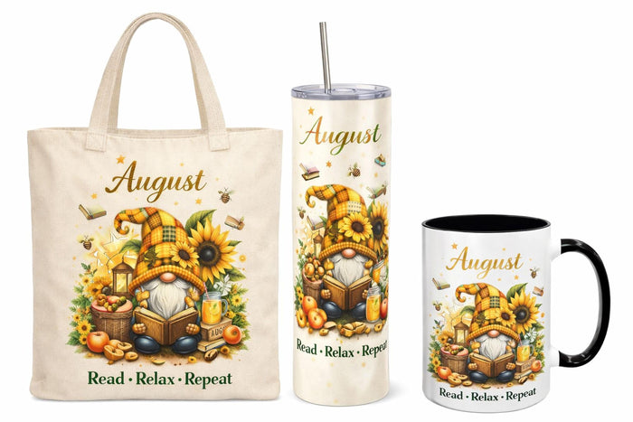 a set of personalized July-themed items, including a tote bag, a tumbler, and a mug, all decorated with illustrations of gnomes and patriotic symbols.