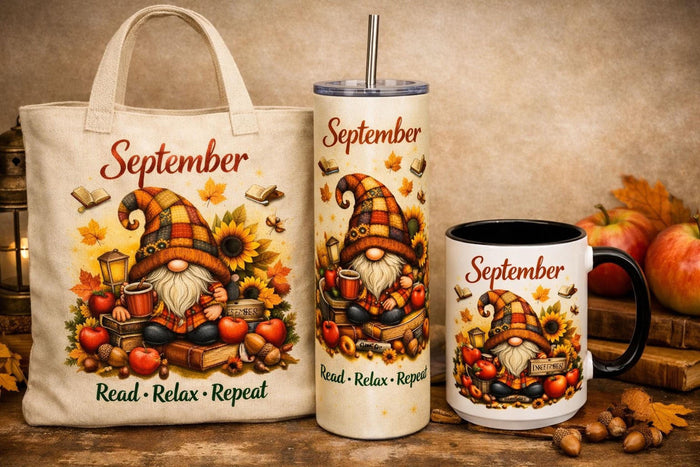 a set of personalized July-themed items, including a tote bag, a tumbler, and a mug, all decorated with illustrations of gnomes and patriotic symbols.