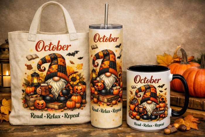 a set of personalized July-themed items, including a tote bag, a tumbler, and a mug, all decorated with illustrations of gnomes and patriotic symbols.