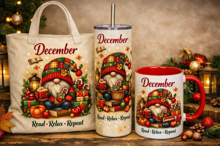 a set of personalized July-themed items, including a tote bag, a tumbler, and a mug, all decorated with illustrations of gnomes and patriotic symbols.