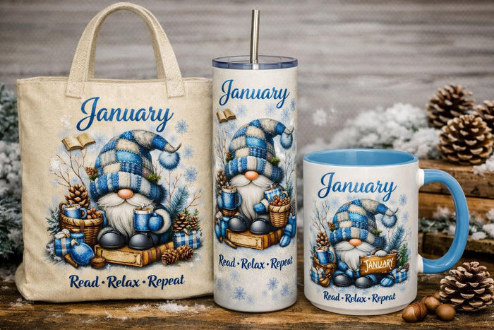 a set of personalized July-themed items, including a tote bag, a tumbler, and a mug, all decorated with illustrations of gnomes and patriotic symbols.
