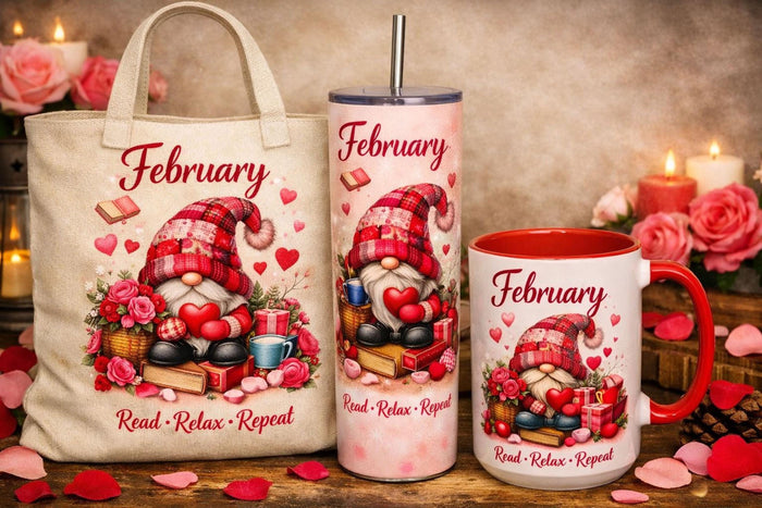 a set of personalized July-themed items, including a tote bag, a tumbler, and a mug, all decorated with illustrations of gnomes and patriotic symbols.
