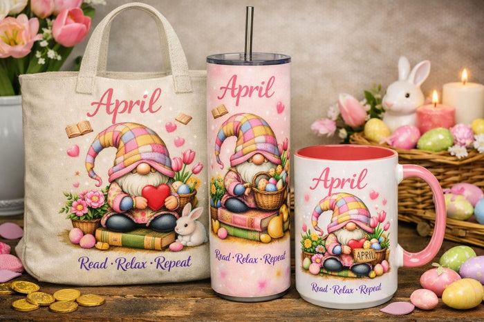 a set of personalized July-themed items, including a tote bag, a tumbler, and a mug, all decorated with illustrations of gnomes and patriotic symbols.