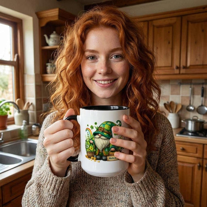 a set of personalized July-themed items, including a tote bag, a tumbler, and a mug, all decorated with illustrations of gnomes and patriotic symbols.