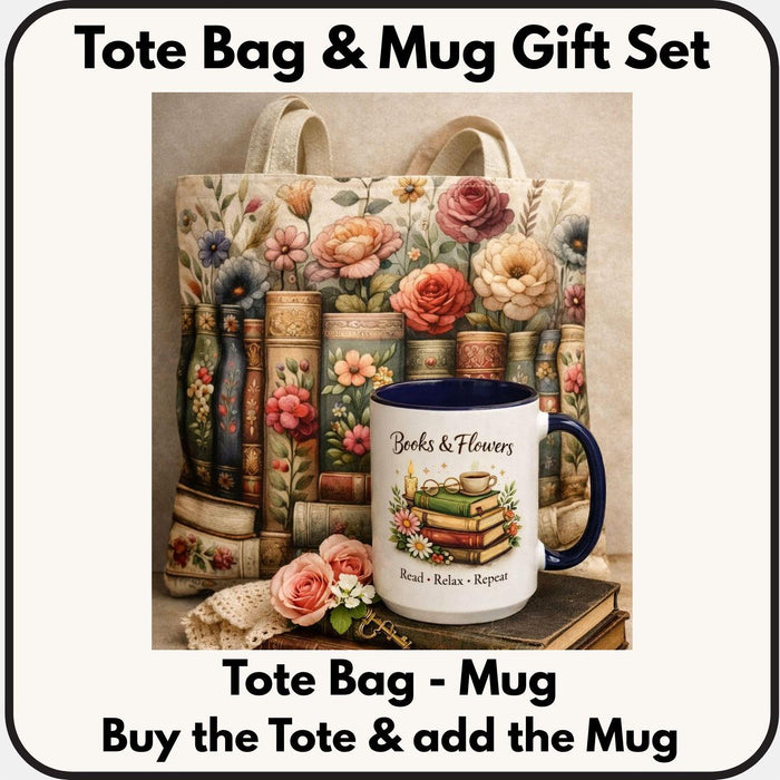 A tote bag with a floral pattern and a mug with a book and flower design, both placed on a stack of books.