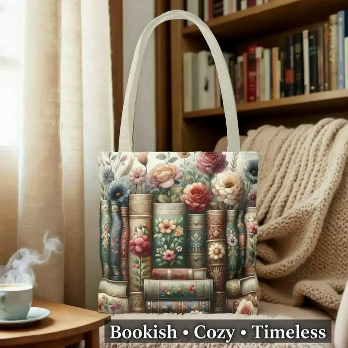 A tote bag with a floral pattern and a mug with a book and flower design, both placed on a stack of books.