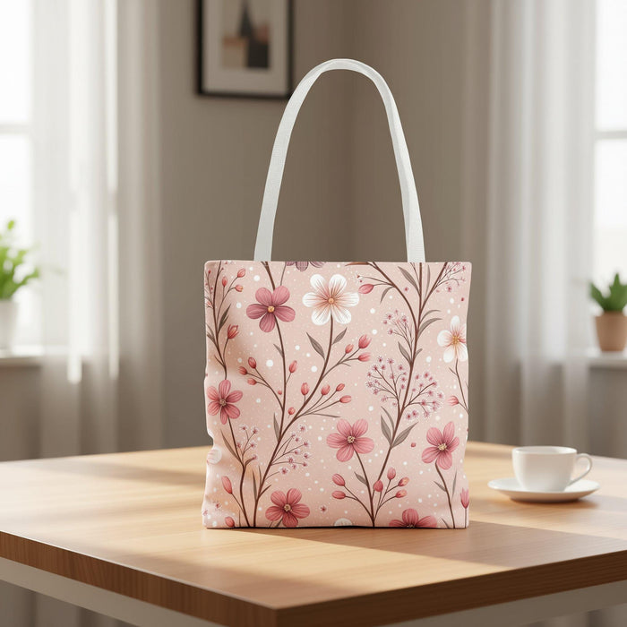 A tote bag with a floral pattern and a travel mug are displayed on a table, along with a book and some rose petals.